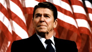 FILE - Former U.S. President Ronald Reagan speaks at a rally for Senator Durenberger February 8, 1982.  