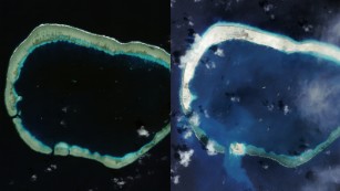 Mischief Reef in the South China Sea in January 2012, left, and in September 2015, right. China appears to building a third airstrip on this reef, according to new satellite images analyzed by the Washington-based Center for Strategic and International Studies (CSIS). All images used with courtesy of CSIS/Asia Maritime Transparency Initiative