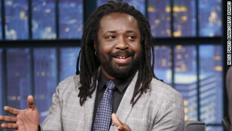LATE NIGHT WITH SETH MEYERS -- Episode 173 -- Pictured: (l-r) Author Marlon James during an interview with host Seth Meyers on March 3, 2015 -- (Photo by: Lloyd Bishop/NBC/NBCU Photo Bank via Getty Images)