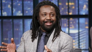 LATE NIGHT WITH SETH MEYERS -- Episode 173 -- Pictured: (l-r) Author Marlon James during an interview with host Seth Meyers on March 3, 2015 -- (Photo by: Lloyd Bishop/NBC/NBCU Photo Bank via Getty Images)