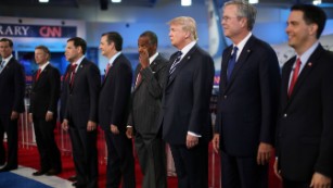 Republican presidential candidates (L-R) Rick Santorum, U.S. Sen. Rand Paul (R-KY), Mike Huckabee, U.S. Sen. Marco Rubio (R-FL) , U.S. Sen. Ted Cruz (R-TX),  Ben Carson, Donald Trump, Jeb Bush and Wisconsin Gov. Scott Walker stand onstage during the presidential debates at the Reagan Library on September 16, 2015 in Simi Valley, California.