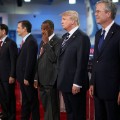 Republican presidential candidates (L-R) Rick Santorum, U.S. Sen. Rand Paul (R-KY), Mike Huckabee, U.S. Sen. Marco Rubio (R-FL) , U.S. Sen. Ted Cruz (R-TX),  Ben Carson, Donald Trump, Jeb Bush and Wisconsin Gov. Scott Walker stand onstage during the presidential debates at the Reagan Library on September 16, 2015 in Simi Valley, California.