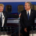 SIMI VALLEY, CA - SEPTEMBER 16:  Republican presidential candidates Donald Trump (L) and Jeb Bush take part in the presidential debates at the Reagan Library on September 16, 2015 in Simi Valley, California. Fifteen Republican presidential candidates are participating in the second set of Republican presidential debates.  (Photo by Justin Sullivan/Getty Images)