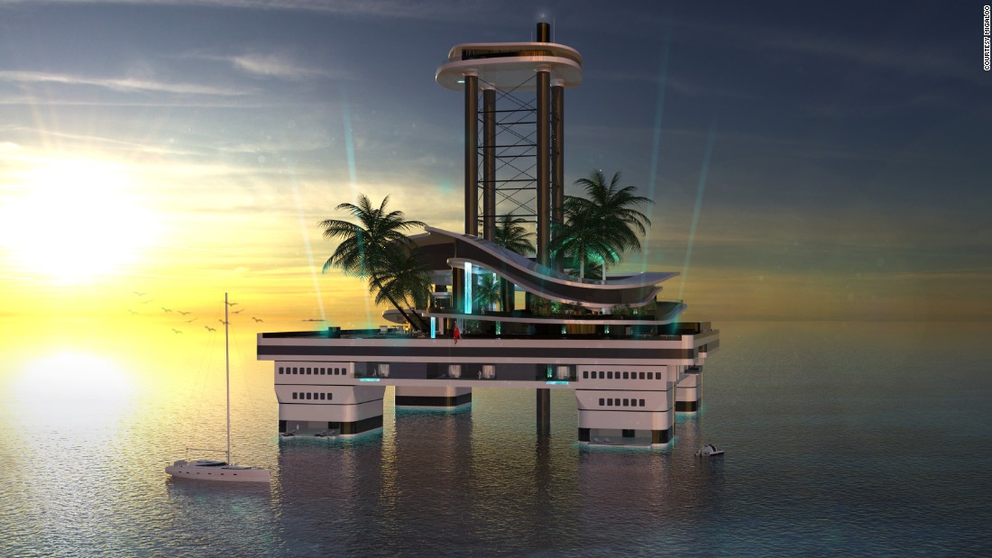 To the untrained eye the vessel might bear a passing resemblance to an upmarket oil rig -- albeit one that is a lot more luxurious.<br />The futuristic floating island features a penthouse perched 80 meters above sea level, two elevators, and a jacuzzi with a glass bottom.<br />Should you wish to move the hefty vessel, expect to take your time, with speeds of eight knots.<br />"It is more or less a piece of floating land," explained Gumpold. "It can be supported by custom-designed support vessels, as is a trend in the yachting industry right now.<br />"So it is like a offshore main basis or hide away, and from there you are free to go anywhere."