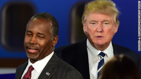 Republican presidential hopefuls  Ben Carson and Donald Trump   participate in the Republican Presidential Debate at the Ronald Reagan Presidential Library in Simi Valley, California on September 16, 2015.
