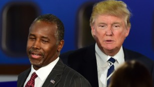 Republican presidential hopefuls  Ben Carson and Donald Trump   participate in the Republican Presidential Debate at the Ronald Reagan Presidential Library in Simi Valley, California on September 16, 2015.