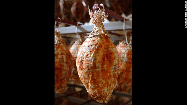 Molise&#39;s mountain air makes for fine meats. One local delicacy is ventricina, a huge, 12-kilo oval of salami stuffed with chili peppers.