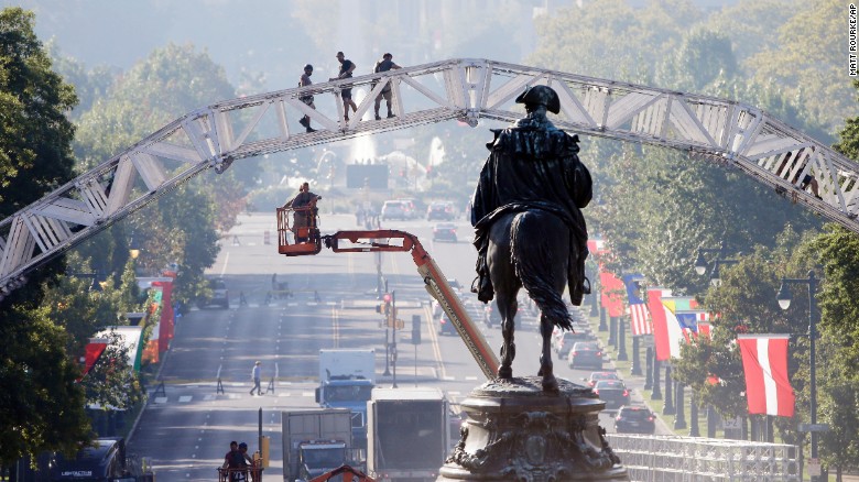 Workers in Philadelphia build a stage Thursday, September 17, ahead of Pope Francis' scheduled visit.