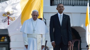 President Barack Obama stands next to Pope Francis during a welcoming ceremony at the White House on Wednesday, September 23.