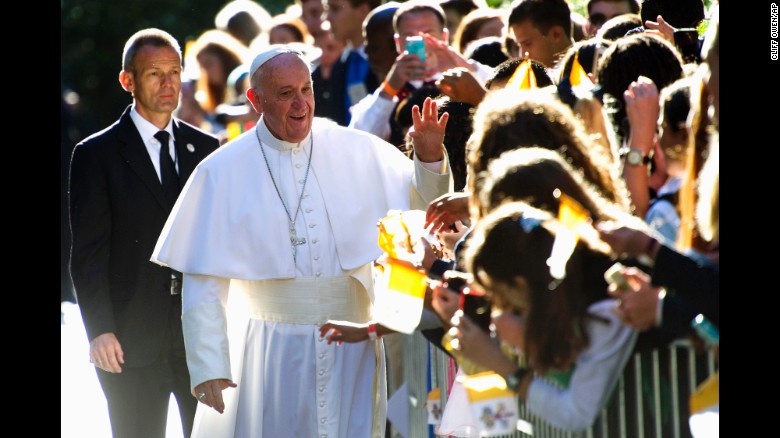 Pope Francis greets schoolchildren at the Apostolic Nunciature, the Vatican's diplomatic mission in Washington, on September 23.