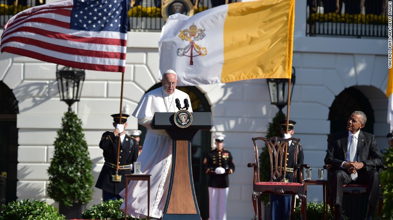 Pope Francis addresses guests on the South Lawn of the White House.