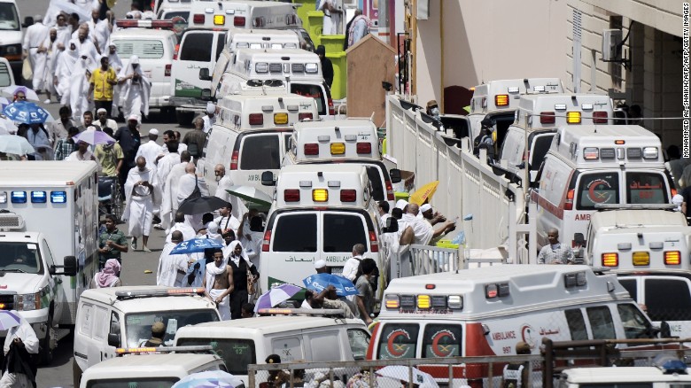 Saudi ambulances arrive with pilgrims who were injured in a stampede at an emergency hospital in Mina, near the holy city of Mecca, on the first day of Eid al-Adha on September 24, 2015. At least 310 people were killed and hundreds wounded during a stampede at the annual hajj in Saudi Arabia, in the second tragedy to strike the pilgrims this year. AFP PHOTO/MOHAMMED AL-SHAIKH        (Photo credit should read MOHAMMED AL-SHAIKH/AFP/Getty Images)