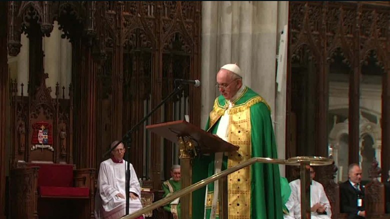 Pope Francis speaks during evening prayer service at St. Patrick's Cathedral in New York on Thursday.