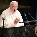 Pope Francis speaks during the 70th session of the United Nations General Assembly on September 25, 2015, at the United Nations in New York. AFP PHOTO/DOMINICK REUTER        (Photo credit should read DOMINICK REUTER/AFP/Getty Images)