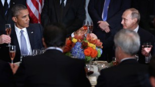 Barack Obama and Russian President Valdimir Putin toast during a luncheon hosted by United Nations Secretary-General Ban Ki-moon during the 70th annual U.N. General Assembly on September 28 in New York City.