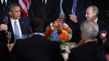 President Barack Obama (left) and Russian President Valdimir Putin toast during a luncheon hosted by United Nations Secretary-General Ban Ki-moon during the 70th annual UN General Assembly on September 28, 2015, in New York City.