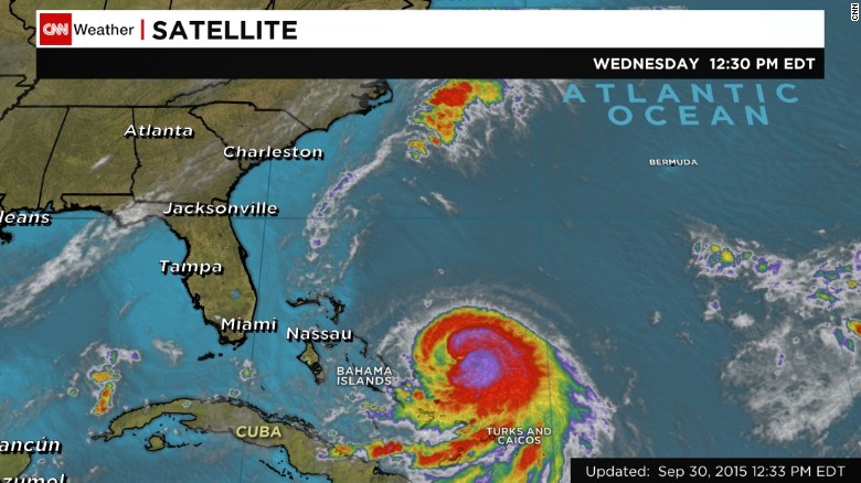 A satellite image shows Hurricane Joaquin in the Atlantic Ocean, west of the Bahamas, on Wednesday afternoon.