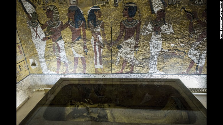 A picture taken on September 28 shows the golden sarcophagus of King Tutankhamun in his burial chamber in near Luxor.