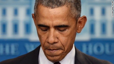 President Barack Obama pauses as he speaks in the Brady Press Briefing Room at the White House in Washington, Thursday, Oct. 1, 2015, about the shooting at the community college in Oregon. The shooting happened at Umpqua Community College in Roseburg, Ore., about 180 miles south of Portland. (AP Photo/Susan Walsh)