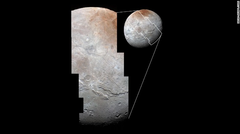 Images from two different instruments on New Horizons are combined in this photo to &lt;a  data-cke-saved-href=&quot;http://www.nasa.gov/feature/pluto-s-big-moon-charon-reveals-a-colorful-and-violent-history&quot; href=&quot;http://www.nasa.gov/feature/pluto-s-big-moon-charon-reveals-a-colorful-and-violent-history&quot; target=&quot;_blank&quot;&gt;show Charon&#39;s cratered uplands&lt;/a&gt; at the top and a series of canyons. The bottom of the image shows rolling plains.