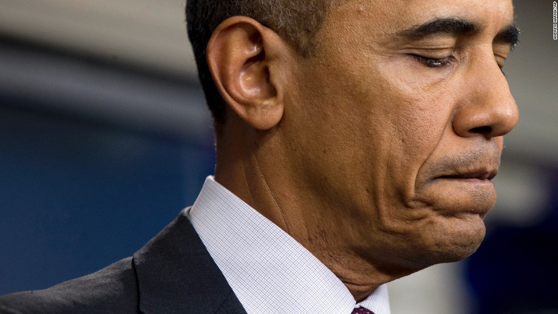 President Barack Obama pauses as he speaks in the Brady Press Briefing Room at the White House in Washington, Thursday, Oct. 1, 2015, about the shooting at the community college in Oregon. The shooting happened at Umpqua Community College in Roseburg, Ore., about 180 miles south of Portland. (AP Photo/Andrew Harnik)