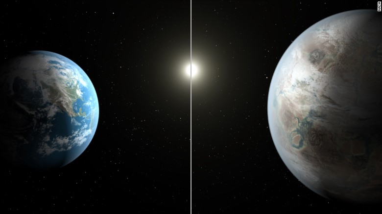 A side-by-side comparison of Kepler 452-b and Earth (artist&#39;s conception).