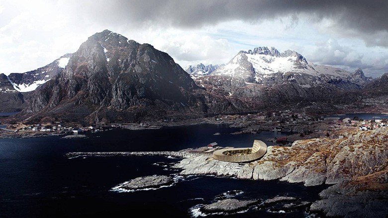 The Lofoten Opera Hotel contrasts beautifully with its rocky surroundings. 