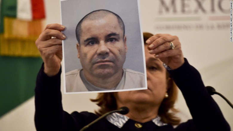 Mexico&#39;s Attorney General Arely Gomez shows a picture of Mexican drug kingpin Joaquin &quot;El Chapo&quot; Guzman during a press conference held at the Secretaria de Gobernacion in Mexico City, on July 13, 2015. Guzman managed to escape from his cell despite a monitoring bracelet and 24-hour security camera surveillance, and likely was helped by prison officials, authorities said. AFP PHOTO/ Yuri CORTEZ (Photo credit should read YURI CORTEZ/AFP/Getty Images)