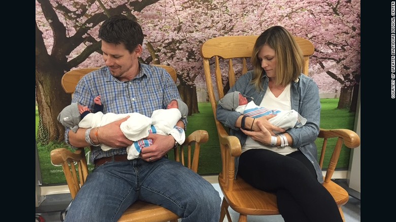 Kristen and Thomas Hewitt had identical triplets October 6 at the Greater Baltimore Medical Center.