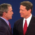 ST. LOUIS, UNITED STATES:  Republican presidential nominee George W. Bush (L) shakes hands with Democratic presidential nominee Al Gore after their third debate at Washington University in St. Louis, MO, 17 October, 2000. This is the last debate between the candidates before the 07 November election.    AFP PHOTO/Tannen MAURY (Photo credit should read TANNEN MAURY/AFP/Getty Images)
