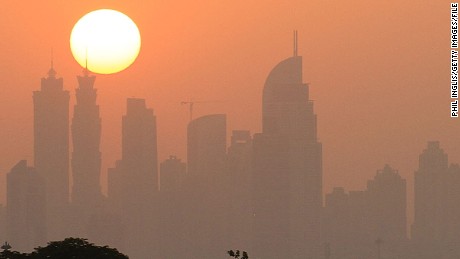 DUBAI, UNITED ARAB EMIRATES - NOVEMBER 01:  A general view of the skyline at sunset from the clubhouse terrace during the second round of the Dubai Festival City Challenge Tour Grand Final played at Al Badia Golf Club on November 1, 2013 in Dubai, United Arab Emirates.  (Photo by Phil Inglis/Getty Images)