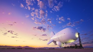 A Joint Land Attack Cruise Missile Defense Elevated Netted Sensor System (JLENS) surveillance system aerostat detached from its mooring station in Aberdeen Proving Grounds, Maryland.