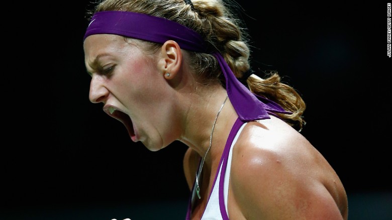 Petra Kvitova of Czech Republic reacts to a point against Maria Sharapova in the way to a surprise victory over the Russian in the WTA Finals. 