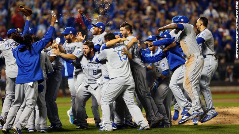 The Kansas City Royals celebrate after defeating the New York Mets 7-2 to win the World Series in New York on Monday, November 2. 