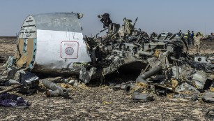 Debris of an A321 Russian airliner lie on the ground a day after the plane crashed in Wadi al-Zolomat, a mountainous area in Egypt's Sinai Peninsula, on November 1, 2015. 