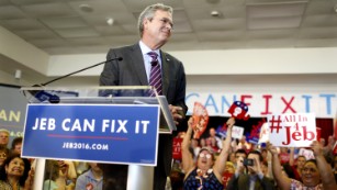 TAMPA, FL - NOVEMBER 2: Republican presidential candidate and former Florida governor Jeb Bush speaks to supporters during a rally on his "Jeb Can Fix It" Tour on November 2, 2015 at the Tampa Garden Club in Tampa, Florida. Following dropping poll numbers and poor debate performance Bush is trying to reset his campaign that many say has been flailing.  (Photo by Brian Blanco/Getty Images)