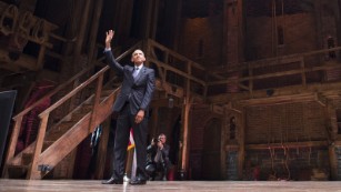 US President Barack Obama speaks during a Democratic fundraiser following a special performance of the Broadway show, "Hamilton," at the Richard Rodgers Theatre in New York, November 2, 2015. 