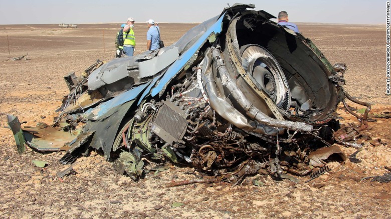 SUEZ, EGYPT - NOVEMBER 01: A plane part is seen as the Egyptian officials inspect the crash site of Russian Airliner in Suez, Egypt on November 01, 2015. A Russian Airbus-321 airliner with 224 people aboard crashed in Egypt's Sinai Peninsula on yesterday. According to Egypts Civil Aviation Authority, the plane had been lost contact with air-traffic controllers shortly after taking off from the Egyptian Red Sea resort city of Sharm el-Sheikh en route to St Petersburg. (Photo by Alaa El Kassas/Anadolu Agency/Getty Images)