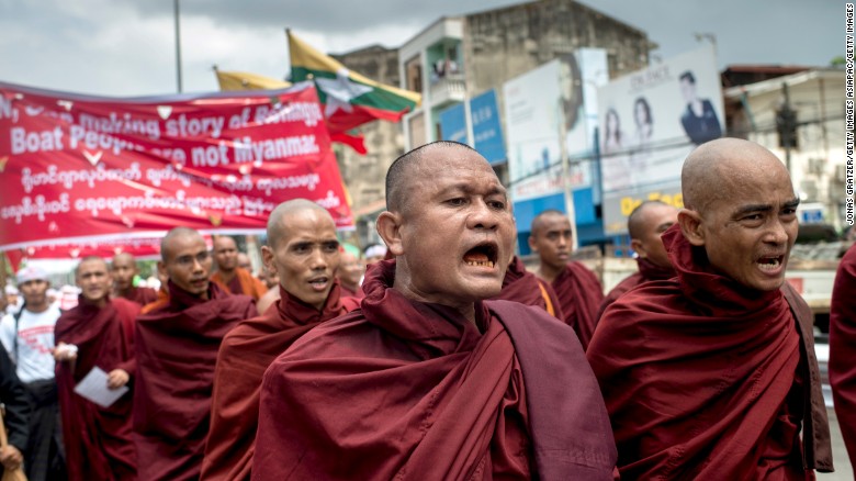 Buddhist monks demonstrate against the U.N. and the return of Rohingya Muslims May 27, 2015 in Yangon.