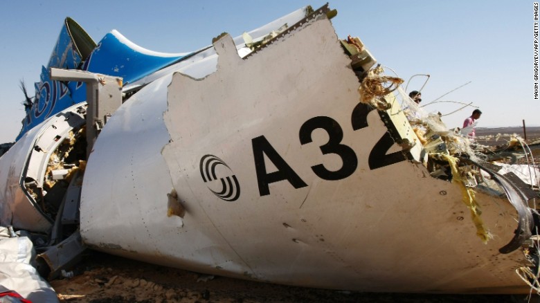 The wreckage of Kogalymavia Flight 9268 is seen in this image provided on Tuesday, November 3. International investigators are trying to determine why the Russian airliner crashed in Egypt's Sinai Peninsula, killing 224 people on Saturday, October 31.