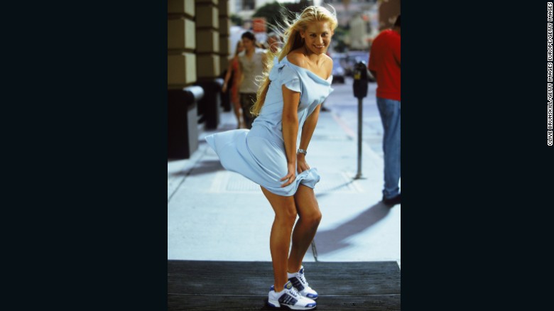 The Russian player recreates Marilyn Monroe&#39;s legendary pose during the filming of an Adidas commercial in Los Angeles.   