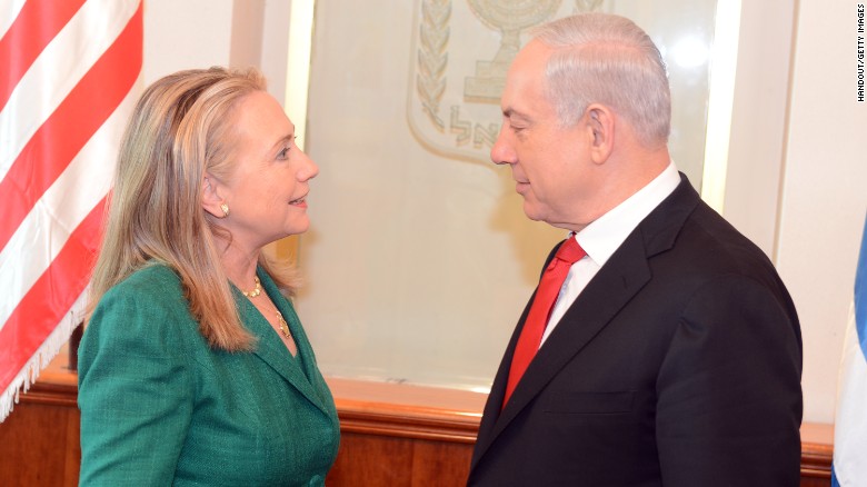 Then-U.S. Secretary of State Hillary Clinton meets with Israeli Prime Minister Benjamin Netanyahu in Jerusalem on November 21, 2012.&lt;br /&gt;&lt;br /&gt;Clinton had joined international efforts to broker a ceasefire amid Israeli airstrikes and Hamas rocket attacks.