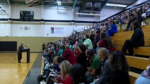 Parents gather for a meeting in Canon City, Colorado, about a high school sexting scandal.