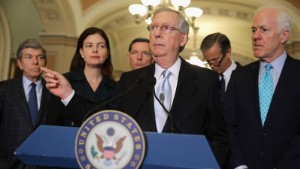 Senate Majority Leader Mitch McConnell (R-KY) (C) and fellow GOP leaders talk to reporters after the weekly Republican policy luncheon at the U.S. Capitol November 10, 2015 in Washington, DC.