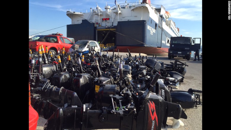 Confiscated boat motors at the customs area in Lesbos. Officers there say this is just a tiny fraction of the motors they have impounded from refugee dinghies coming to the island from Turkey.