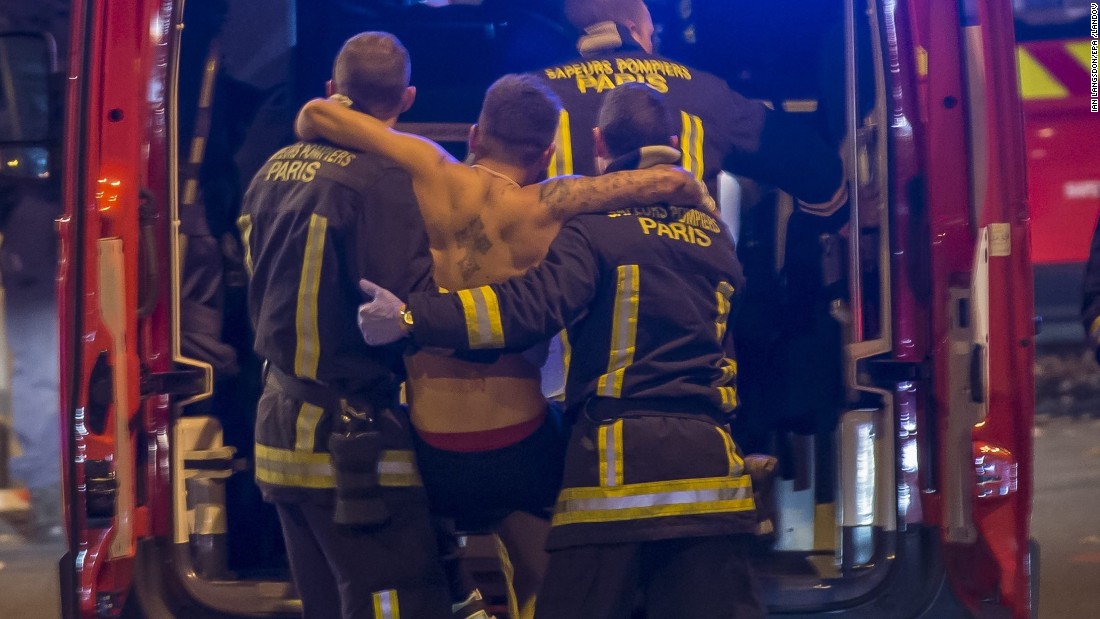A wounded man is evacuated from the Stade de France  in Saint-Denis, outside Paris.