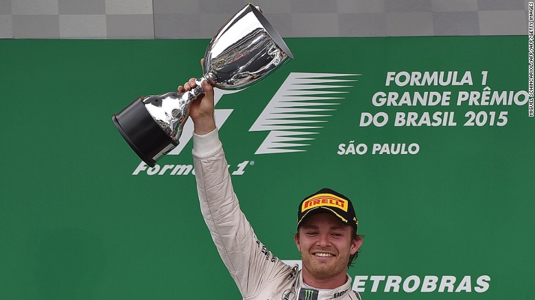 Mercedes&#39; Formula One German driver Nico Rosberg celebrates after winning the Brazilian Grand Prix, at the Interlagos racetrack in Sao Paulo, on November 15, 2015.