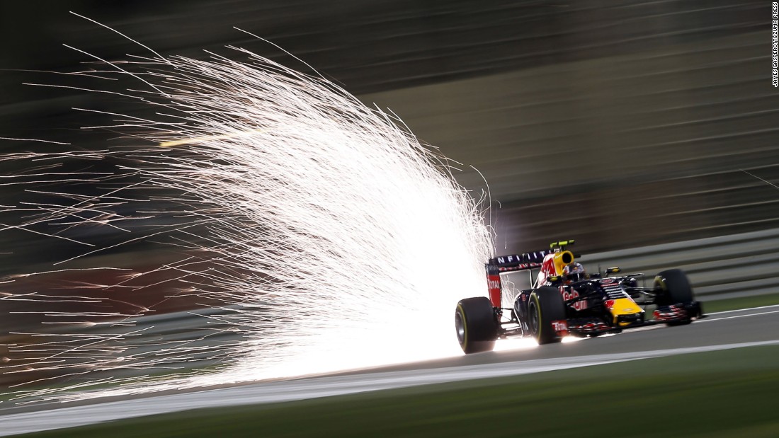 Sparks fly from the Formula One car of Daniil Kvyat in this long-exposure photo taken Sunday, April 19, at the Bahrain Grand Prix.