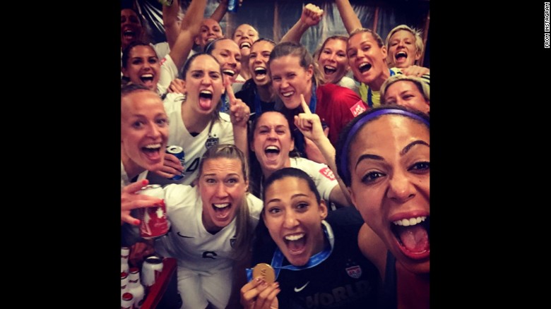 The U.S. soccer team celebrates together after winning the Women&#39;s World Cup on Sunday, July 5. &quot;World Champions!!&quot; &lt;a href=&quot;https://instagram.com/p/4xwePQrJvW/&quot; target=&quot;_blank&quot;&gt;forward Christen Press said on Instagram.&lt;/a&gt; She&#39;s at bottom holding the medal.