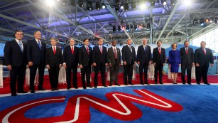 SIMI VALLEY, CA - SEPTEMBER 16:  Republican presidential candidates (L-R) Rick Santorum, George Pataki, U.S. Sen. Rand Paul (R-KY), Mike Huckabee, U.S. Sen. Marco Rubio (R-FL) , U.S. Sen. Ted Cruz (R-TX),  Ben Carson, Donald Trump, Jeb Bush, Wisconsin Gov. Scott Walker, Carly Fiorina, Ohio Gov. John Kasich and New Jersey Gov. Chris Christie stand onstage during the presidential debates at the Reagan Library on September 16, 2015 in Simi Valley, California. Fifteen Republican presidential candidates are participating in the second set of Republican presidential debates.  (Photo by Sandy Huffaker/Getty Images)